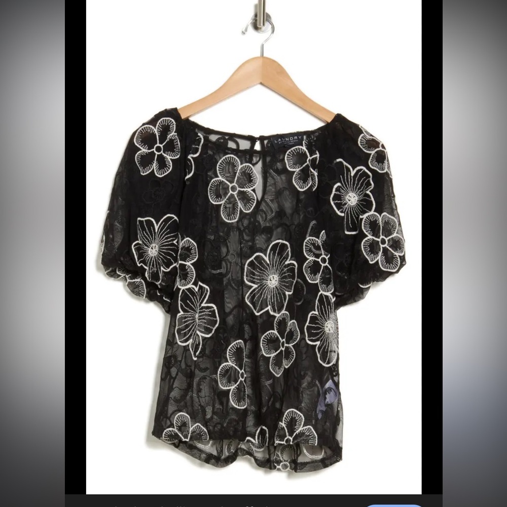 Laundry by Shelli Segal floral embroidered mesh top with puffed sleeves